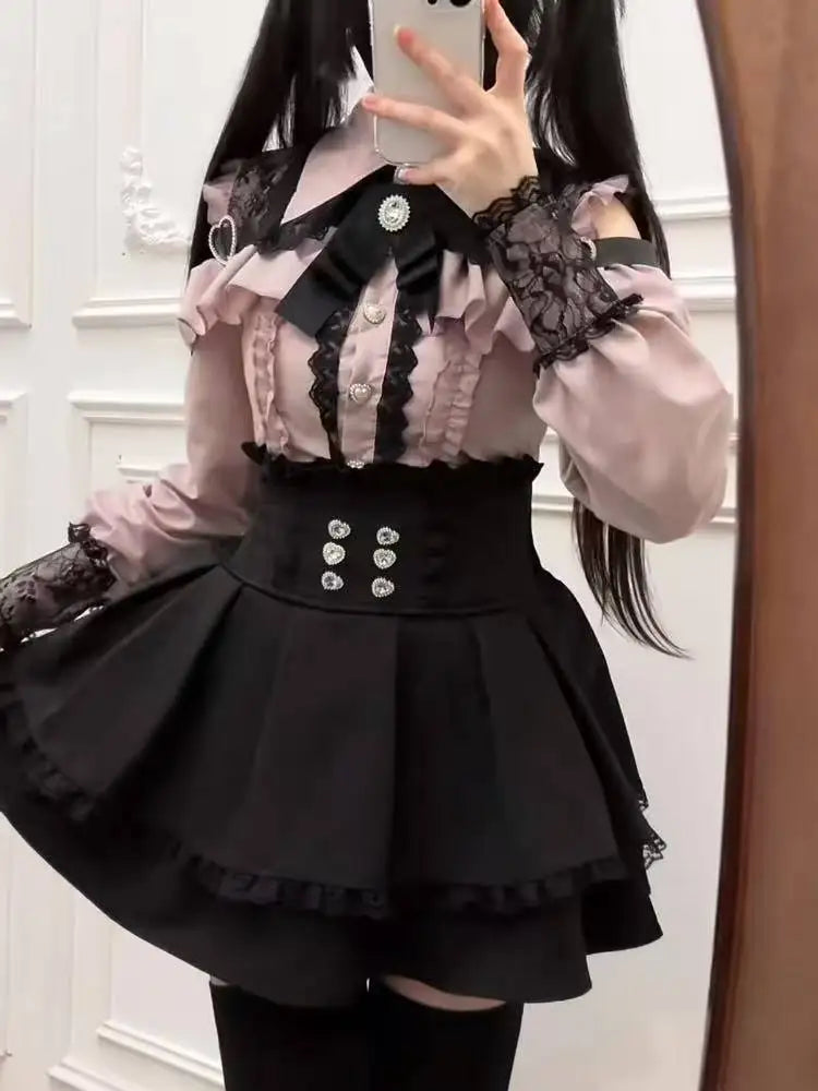 Y2k Aesthetic Lolita Style Bow Dress Shorts Set Japanese Women Gothic Lace Flare Sleeve Button Shirt Dress Punk Party Mini Dress