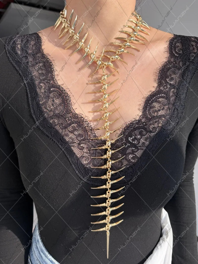 Unique Design Punk Style Spine Bone Back Chain Necklace Women Exaggerated Personality Retro Hip Hop Body Chain Jewelry Gift