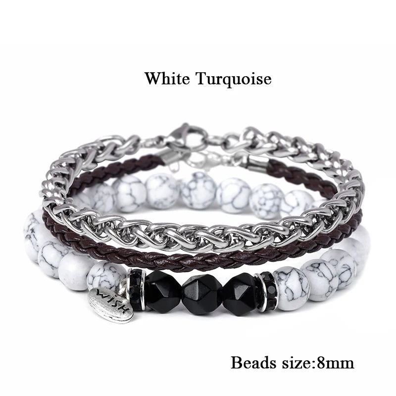 Men Stone Bracelet Set Multi-layer Black Volcanic Wood Beads Elastic Bracelet Viking Homme Pulsera Hombre Hip-Hop Punk Jewelry