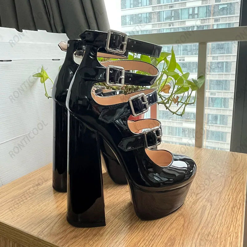 Ronticool Handmade Women Summer Ankle Boots Buckle Strap Chunky Heels Round Toe Elegant Black Party Shoes Plus US Size 5-20