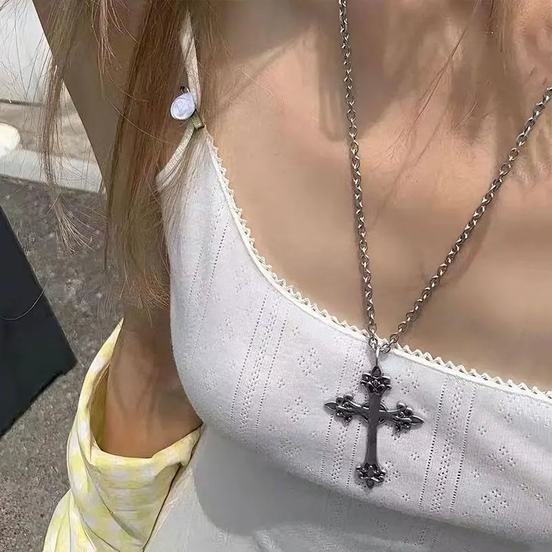 Fashion Punk Gothic Rose Cross Pendants Necklace for Women Silver Cross Choker Y2k Hip Hop Necklace Sweater Chain Gifts