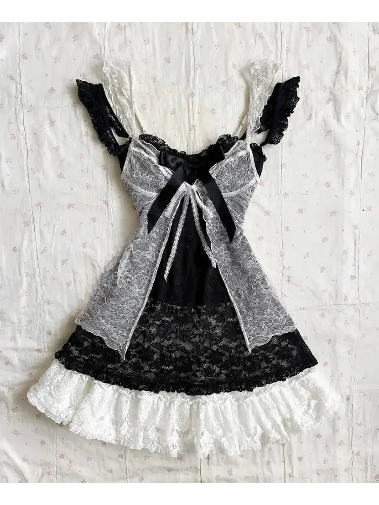 Japanese E-girl Gothic Vintage Dress Women Half High Neck Short Sleeve Bow Lace Mini Dress Cinch Waist Sweet Spicy Black Dress
