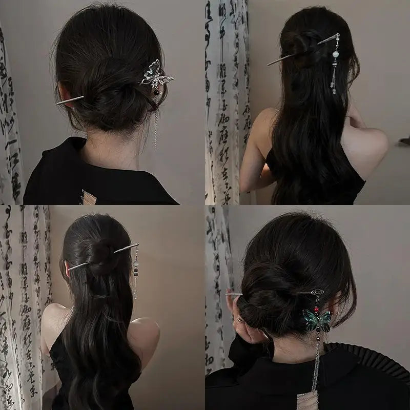 2026 New Chinese Style Butterfly Flower Tassel Hair Stick for Women Vintage Metal Hanfu Chopstick Hair Sticks Hair Accessories